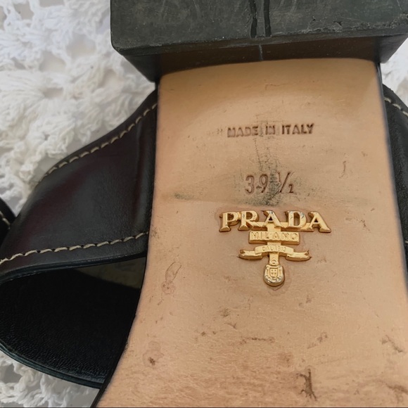 VINTAGE BLACK PRADA SLIP ON SLIDES LEATHER SANDALS WITH SILVER BUCKLE - Picture 5 of 16